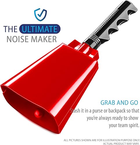 Miniatura 5 de Deke Home - Paquete de 2 cencerros de acero de 10 pulgadas con asa, fabricantes de ruido fuerte para fútbol, deportes, eventos, fiestas y seguridad,