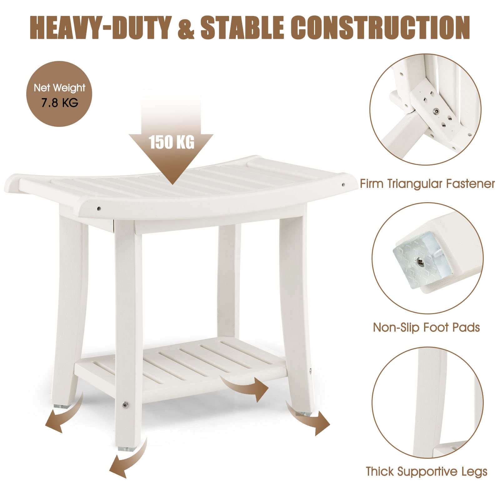 LIFEZEAL Tabouret de Salle de Bain à 2 Niveaux, Banc de Douche Solide en HDPE Jusqu’à 150 kg, Tabouret de Douche avec étagère de Rangement pour Adultes, Seniors, Blanc (60,5 x 34 x 48 cm)