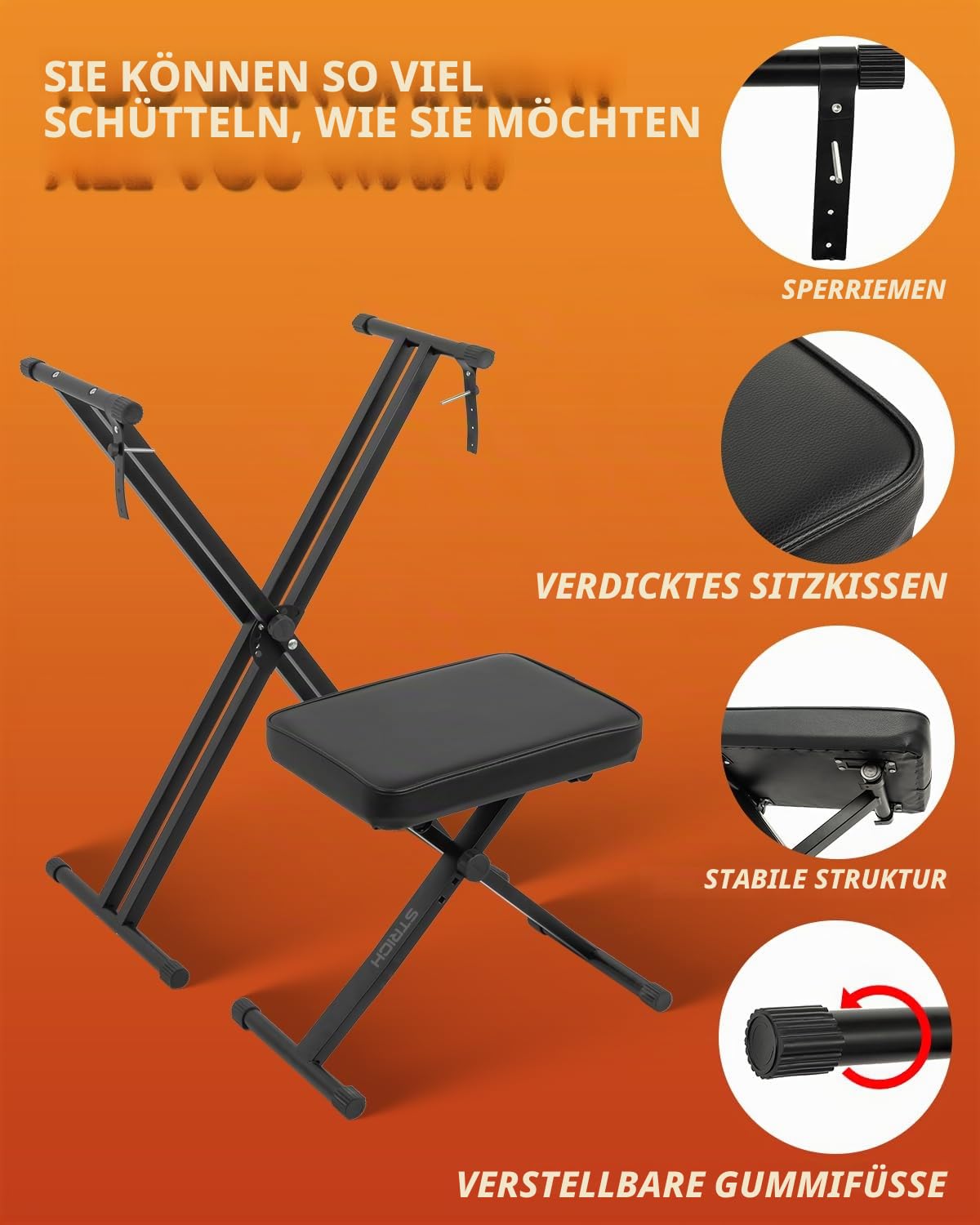 STRICH Keyboardständer & Klavierbank Set, höhenverstellbarer Doppel-X-Keyboardständer mit Klavierhocker für 54–88 Tasten E-Piano & Keyboard, tragbar und faltbar, Schwarz, SKT-01