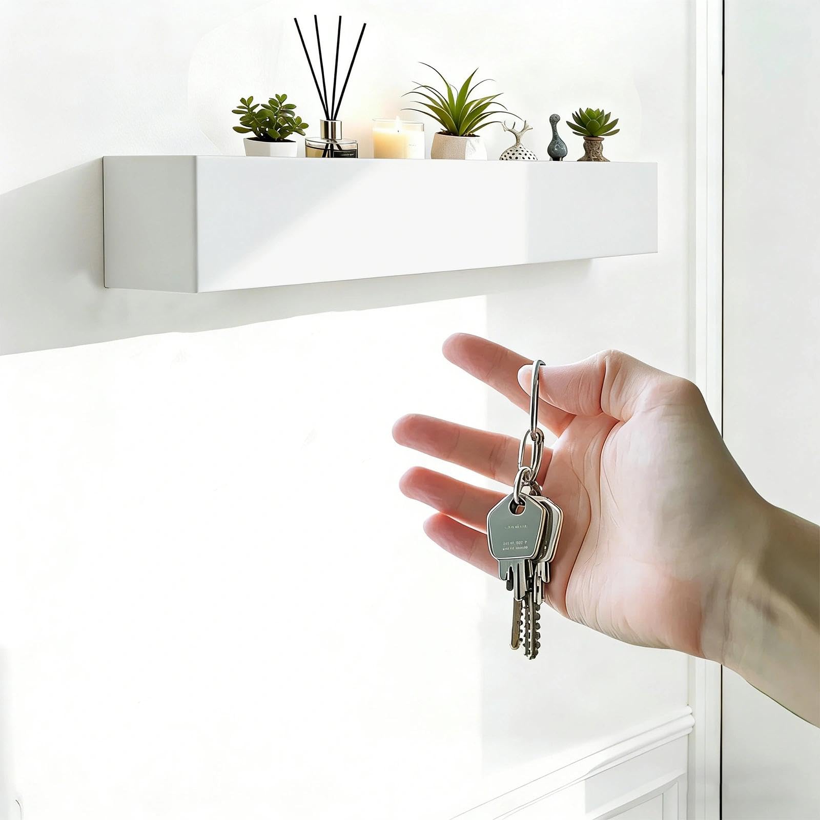 Colgador de Pared de 60 cm con Estante y 7 Ganchos Ocultos, Espaciosa Perchero de Pared Metal y Madera, Ganchos Percheros para Pasillo, Dormitorio, Sala de Estar, Blanco