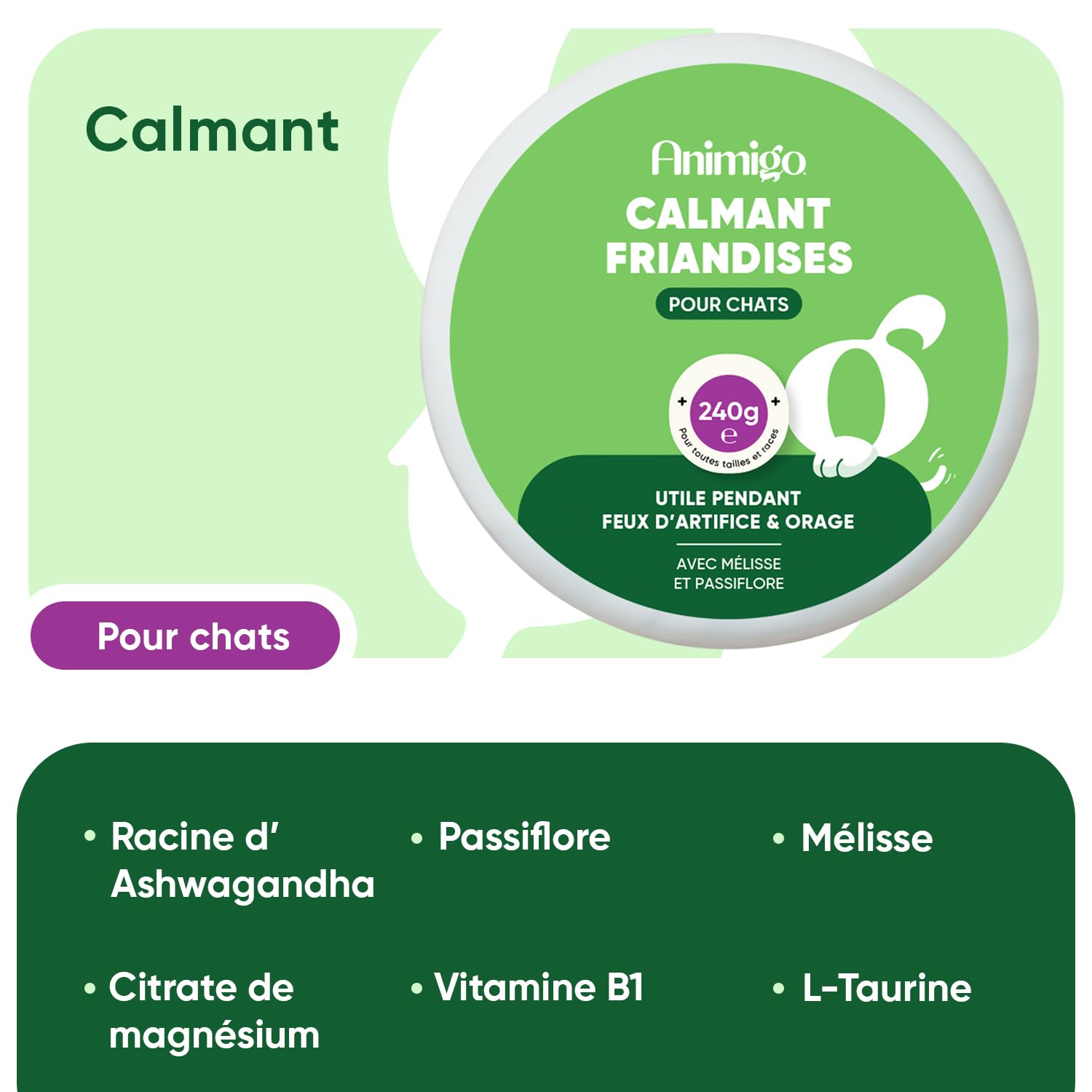 Animigo Calmant Chat - 120 Friandises pour Chats - Bouchées Tendres avec Taurine, Ashwagandha, Passiflore, Mélisse, Vitamine B1 et Magnésium - Friandise Multi-Usages