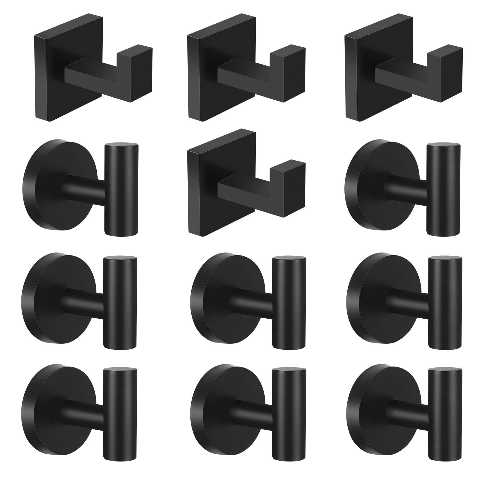 IBosins12pcs Mixed Bathroom Towel Hooks (4pcs Square + 8pcs Round, Black)