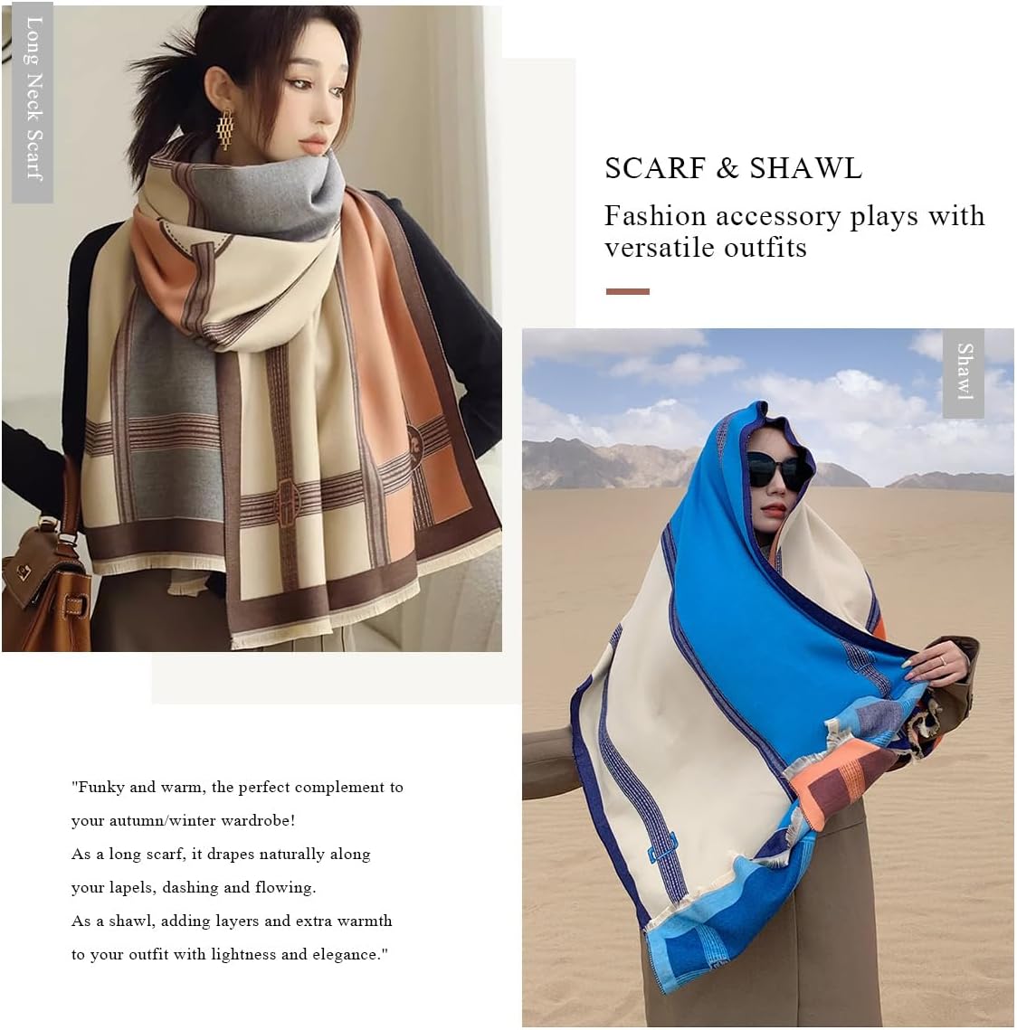 Winter Scarf Cashmere Shawl Women Color Blocked Horse Pattern Reversible Scarf With Tassel Pashmina Shawls And Wraps - Image 6