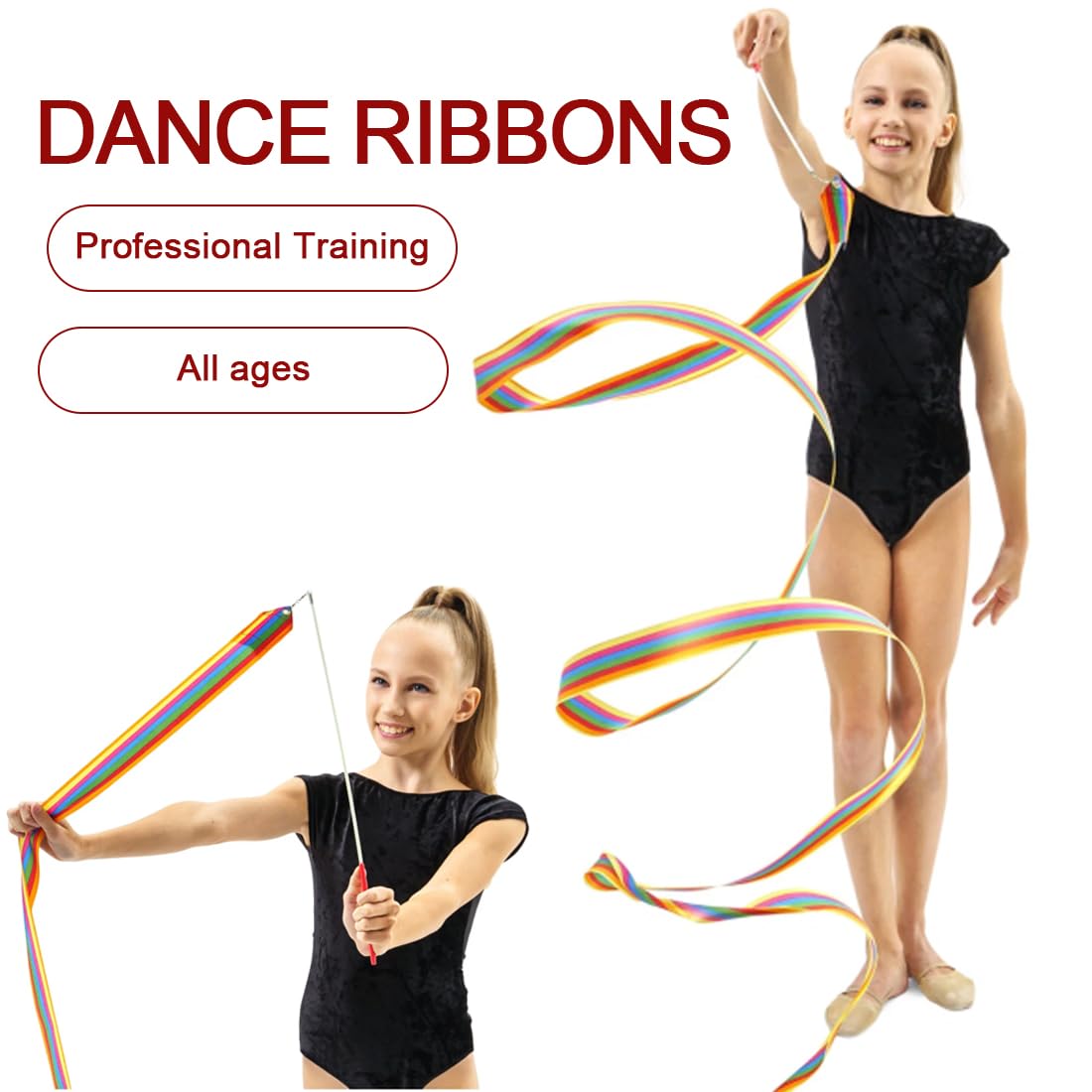 2 Pezzi Nastri di Ballo, Nastro da Ginnastica, 4m Nastri da Ballo, Nastro da Ballo, Nastro Ginnastica Ritmica, Dance Ribbons, Nastro per Ginnastica Ritmica, Ginnastica Ritmica Bacchetta