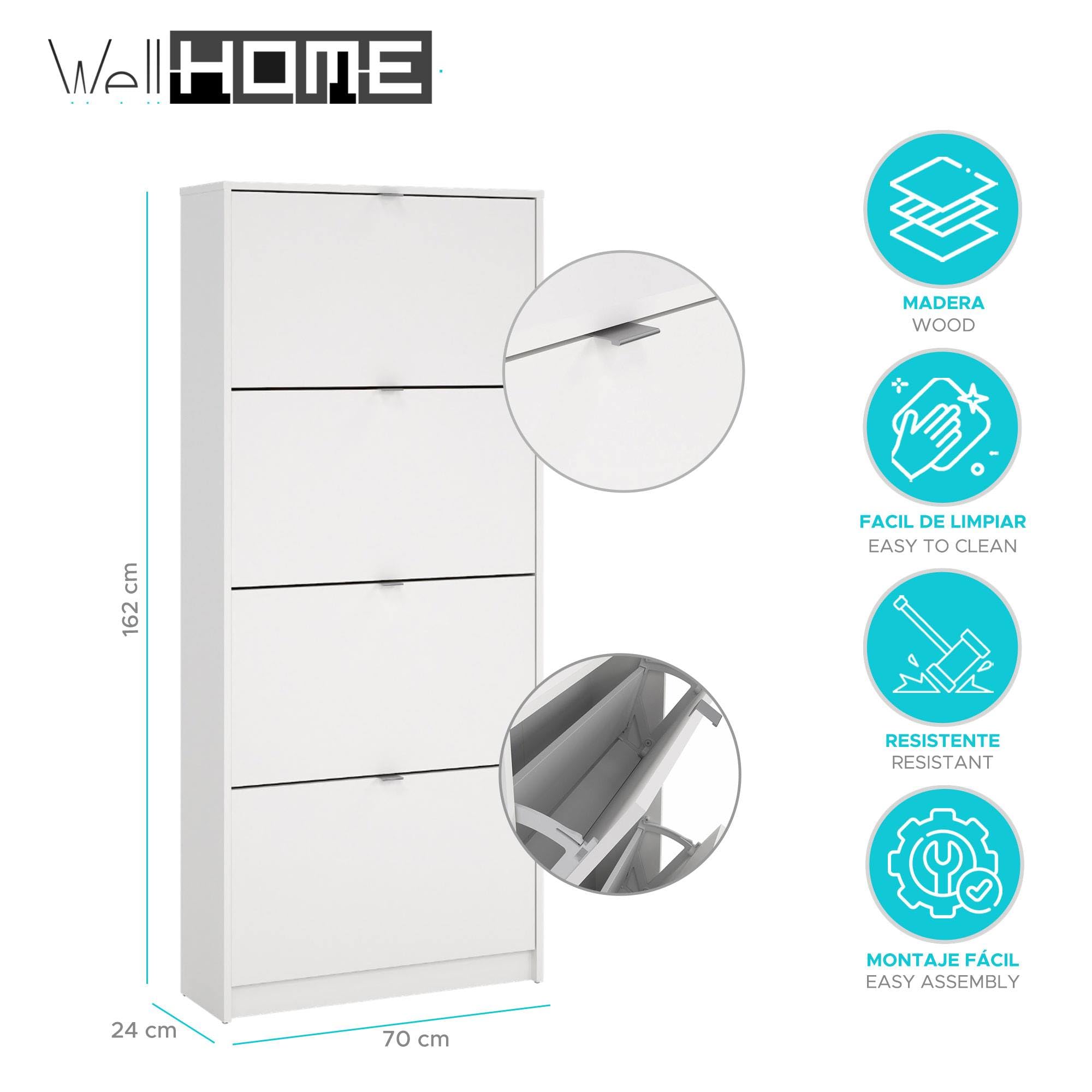 WELL HOME MOBILIARIO & DECORACIÓN Zapatero Abatible Adaja, Mueble Zapatero de 4 Puertas inclinables Color Blanco 71 x 25 x 162 cm