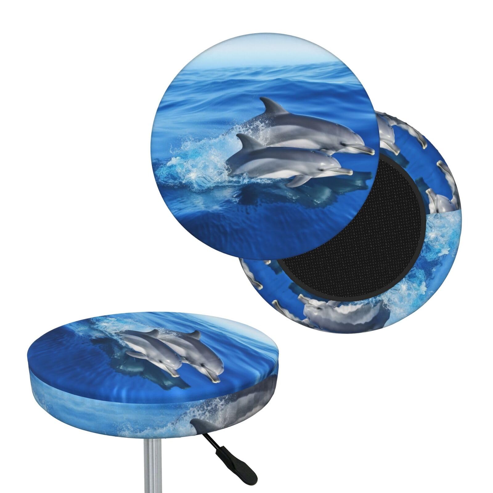 FodPand Dolphin Family Bar Stool Cover Round Elastic Stool Cushion Covers Washable Bar Stool Chair Slipcover Stretch Stool Seat Covers for 12-14 Inch Chair