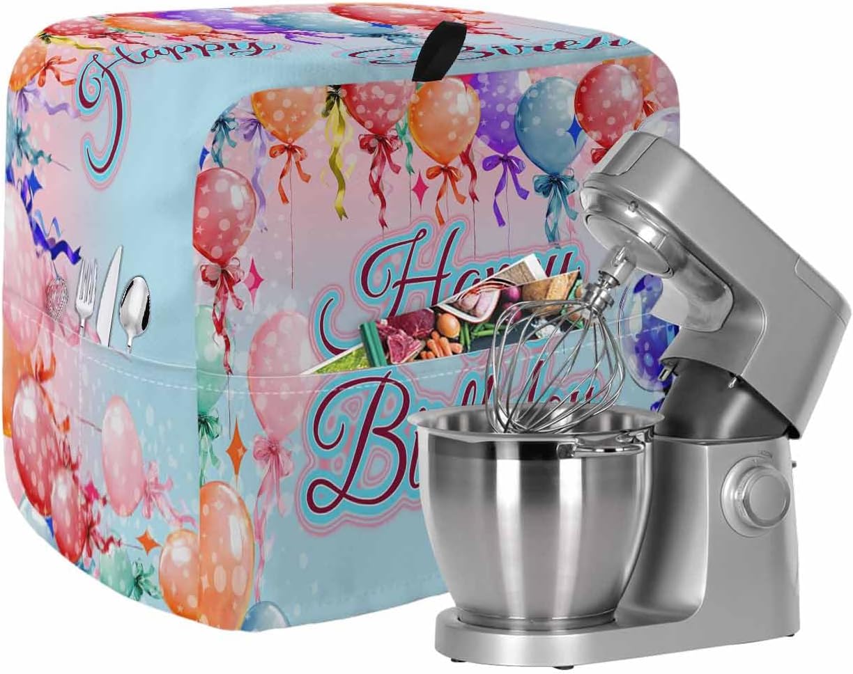 Happy Birthday Stand Mixer Cover with Storage Pocket, Waterproof Kitchen Mixer Covers, Colorful Balloons Bow Gradient Modern Purple Kitchen Appliance Dust Cover Compatible with 5-8 Quart Mixers