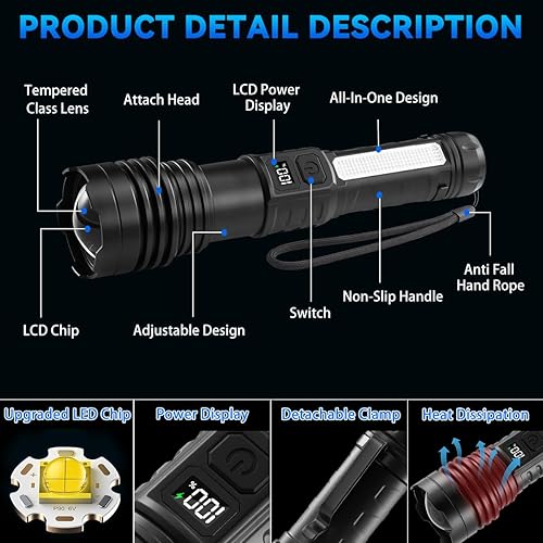 Miniatura 5 de Paquete de 4 linternas de alto lúmenes 9900FL, linterna de 7 modos recargable con pantalla digital LCD, linternas recargables con luz COB, linterna