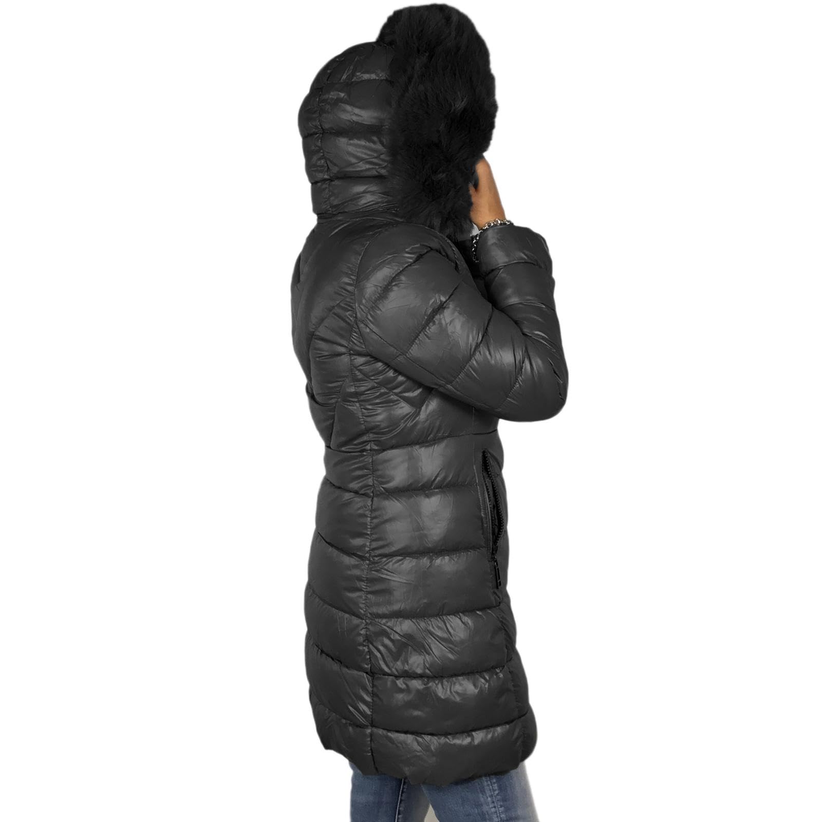 Piumino Donna Invernale Lungo Imbottito con Cappuccio in Pelliccia Giubbotto Invernale Elegante Casual