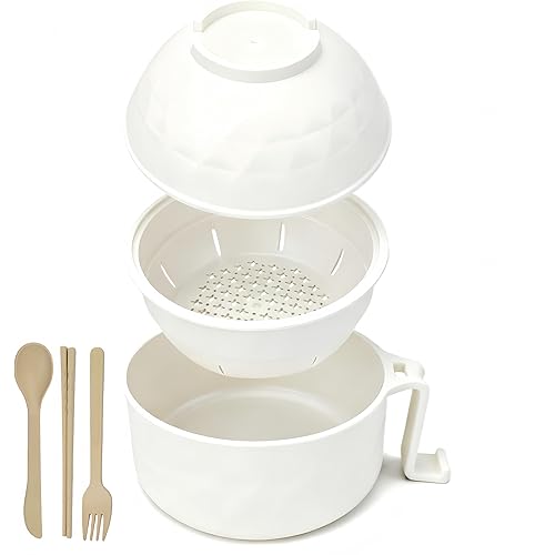 Layron Ramen Cooker Ramen Bowl Set with Chopsticks 33oz Microwave Noodle Bowl College Dorm Room Essentials for Girls for Boys Apartment Essentials-White