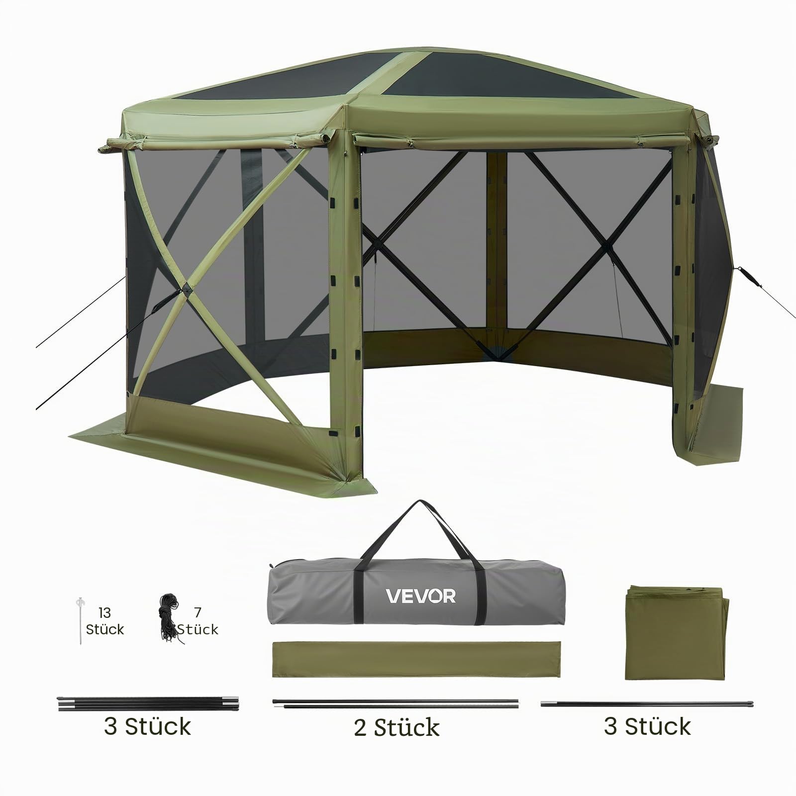 VEVOR Pop-up-Pavillon, 3,6x3,6 m, großes 6-seitiges Campingzelt mit abnehmbarem Dach & Tragetasche, Partyzelt, Sonnenschutz für 8-10 Personen, für Garten & Terrasse, Grün