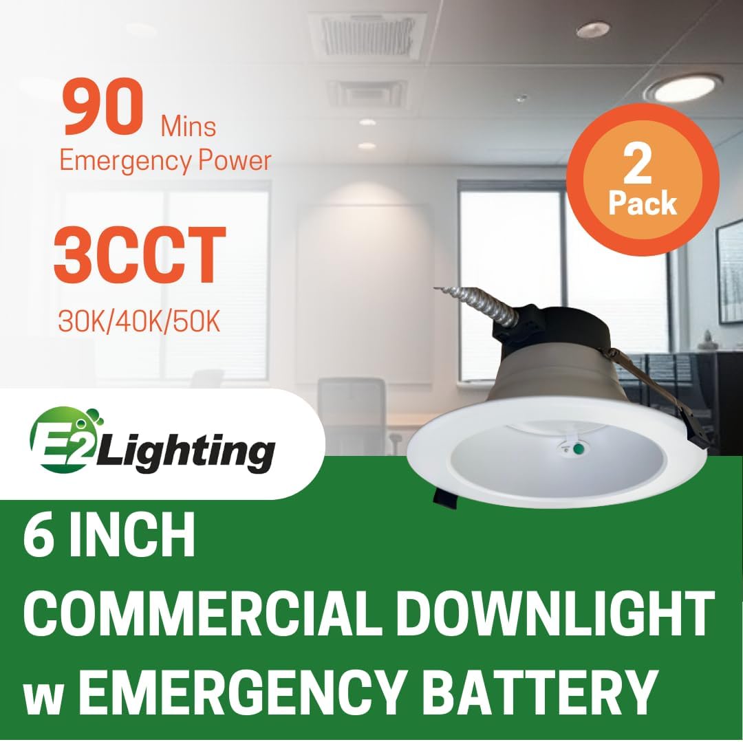 E2 LIGHTING 6 Inch Commercial Lights with Battery Backup, 3 CCT & Wattage Tunable, 30/40/50K, Ideal for Office (6 Inch w/Battery, 2 Pack) 120-277V