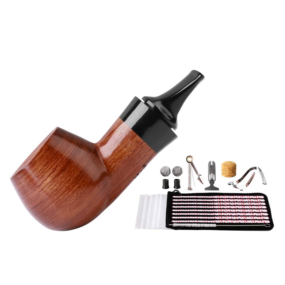 MUXIANG Reverse Calabash Wooden Tobacco Pipe Big Apple Shape Smooth, Handmade Short Acrylic Stem no filter with a Bonus cleaning set(AD0050+ak0015)