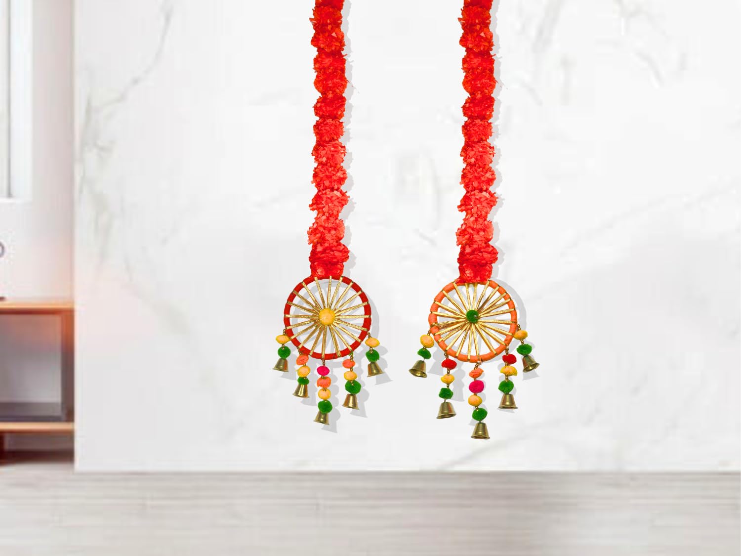 DRYPHON Artificial Marigold Flowers with Pom Pom Ring Bell Hanging Garlands for Home, Diwali & Wedding Decoration (Pack of 2)