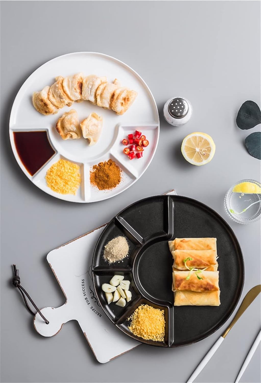 Weight Management Tableware - Round Ceramic Dumpling Plate with 4 Sauce Compartment Serving Plate with Sauce Holder Chips and Salsa Plate for Home Restaurant (Color : Matte black)
