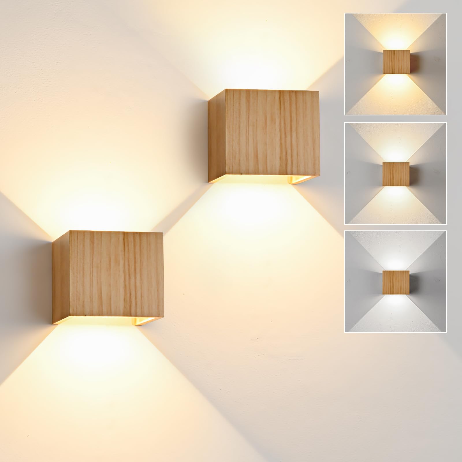 LED Wandleuchte Innen Holz Wandlampe, Dimmbar Wandleuchte Holz Vintage 6W LED Wand 3000K/4000K/6000K Weiß Up Down Flurlampe Einstellbar Abstrahlwinkel Holzlampe für Wohnzimmer Flur, 2PCS