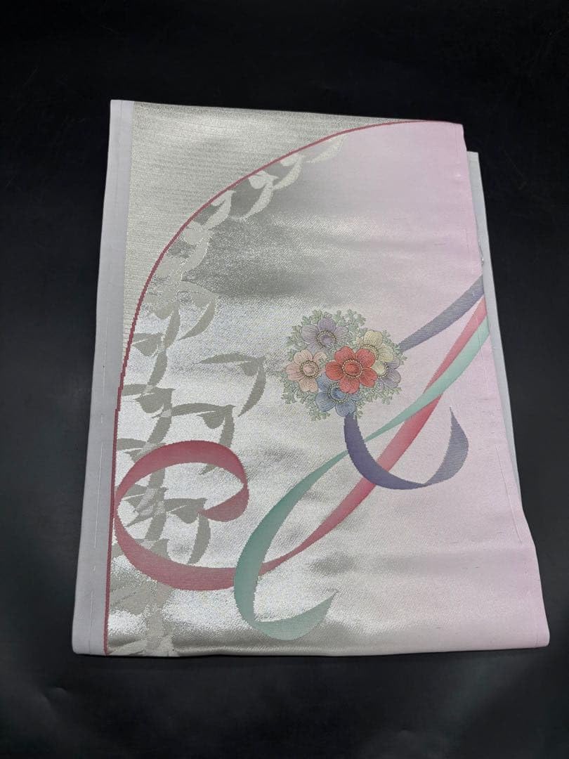 高級 正絹 洒落帯 名古屋帯 アンティーク 刺繍 銀糸 リボン 261