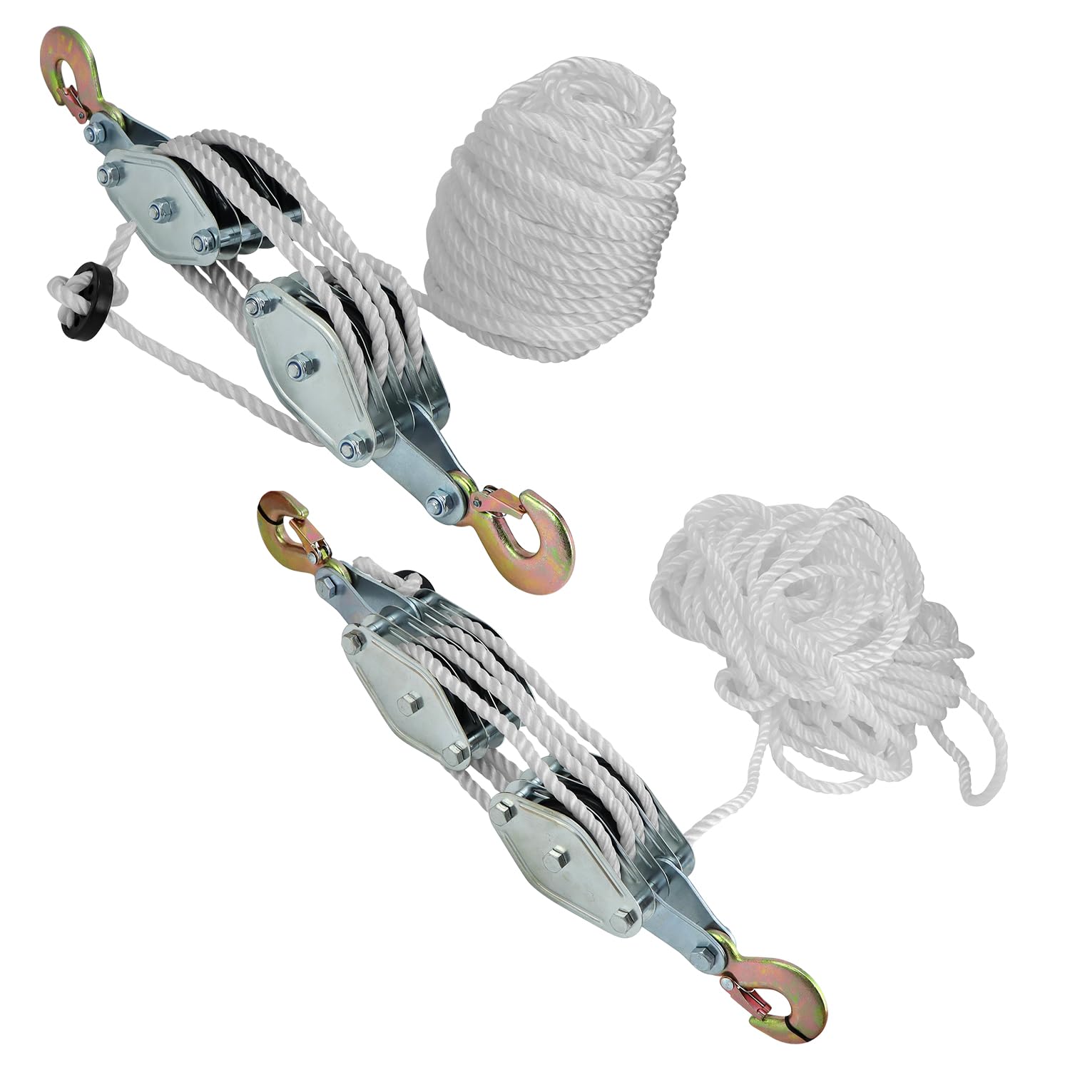 QWORK® Poulie de palan à corde de 2000 kg - Acier galvanisé - 8 Poulies - Levage 2,4m - Corde de nylon résistant de 20 m