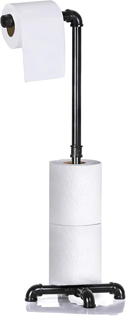 Toilet Paper Holder, Free Standing Toilet Roll Holder Dispenser Bathroom Organizer Home Decor, Industrial Cast Iron Pipe - Black