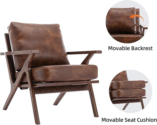 Miniatura 4 de INZOY Silla decorativa moderna Mid-Century con marco de madera, silla de sala de estar de piel sintética y sillón acolchado suave y grueso para sala