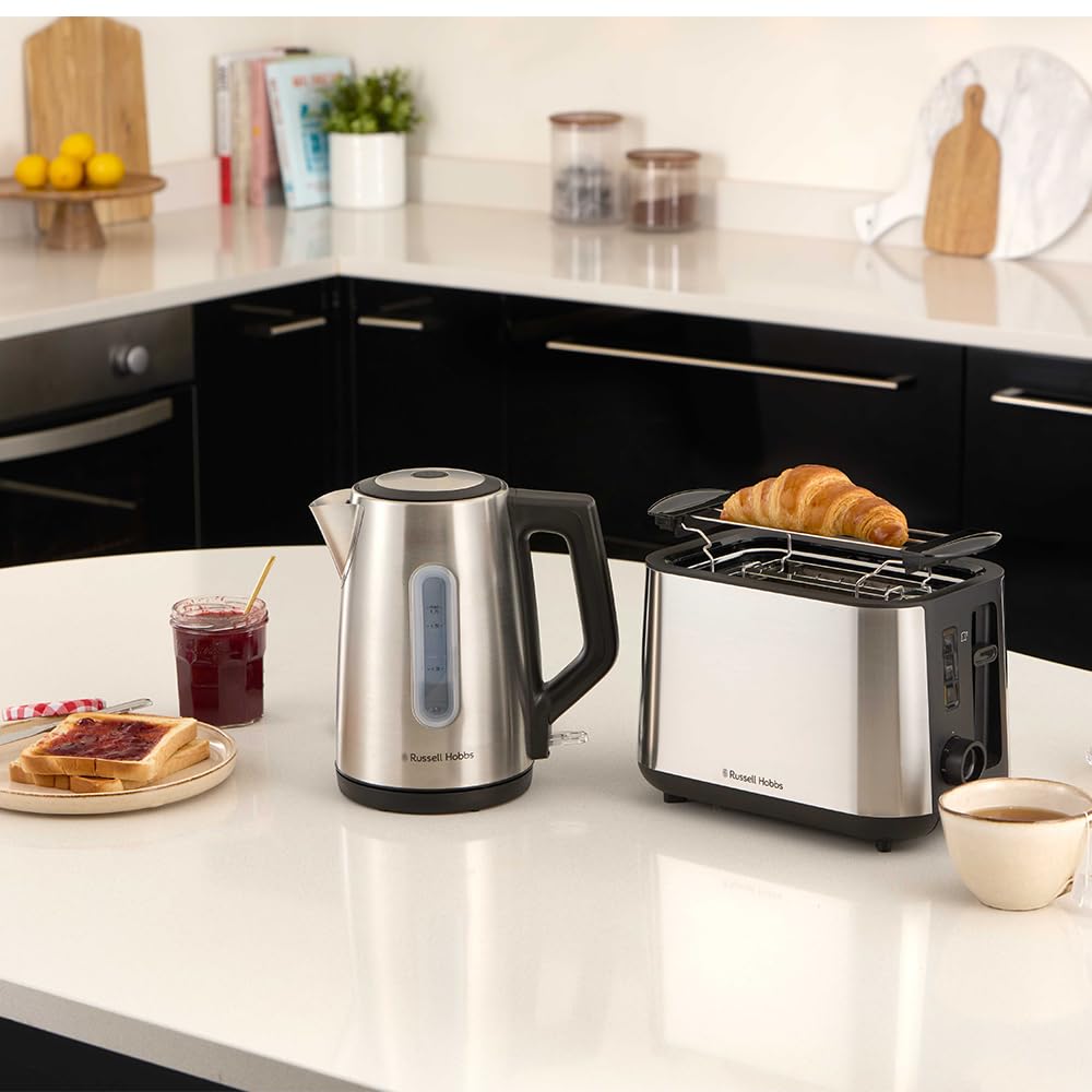 Russell Hobbs Grille-pain 2 fentes XL (6 niveaux de brunissage, surélévation, dégivrage, réchauffe-viennoiseries, arrêt auto., ramasse-miettes amovible, surface en acier inox. brossé) Heaton 27390-56