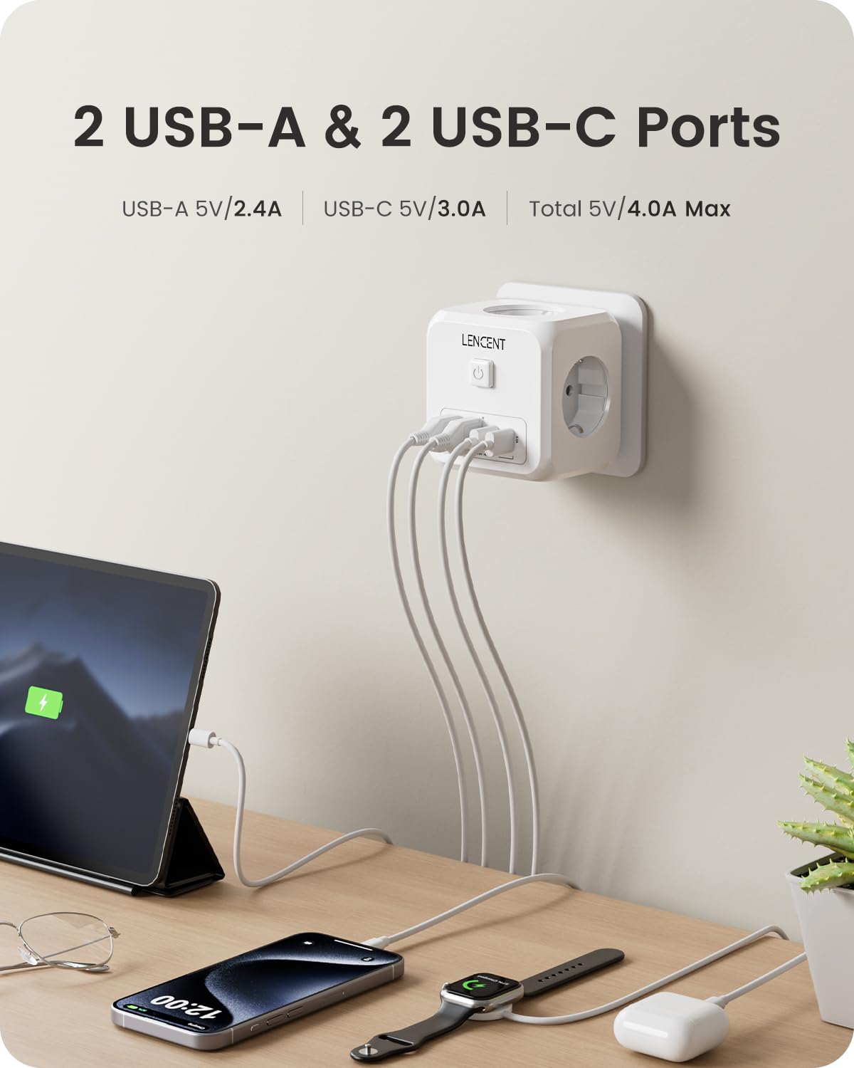 LENCENT Cubo Enchufe USB 7 en 1, Ladron Enchufes 4000W, Cubo Enchufes Múltiples Pared con 3 Tomas de CA, 2 USB-A, 2 Tipo-C y Interruptor, Cargador para Oficina, Cocina y Habitación, Blanco
