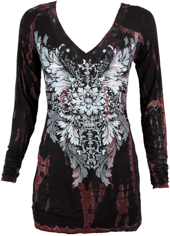 SugarRock Women Tunic Hoodie Shirt Tie Dye L/s Western Tribal Rhinestone Detail