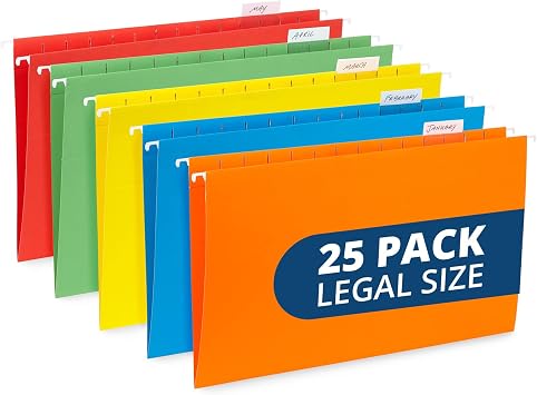 Blue Summit Supplies 25 Hanging File Folders, Legal Size, Assorted | Reinforced 12pt, 1/5 cut tabs, plastic tabs and inserts included, for filing cabinet, home, and office use