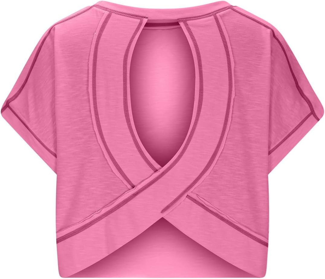 VIEWON Womens Workout Top Open Back Short Sleeve Backless T Shirts Gym Yoga Tee Y2k Crop Tops - Image 4