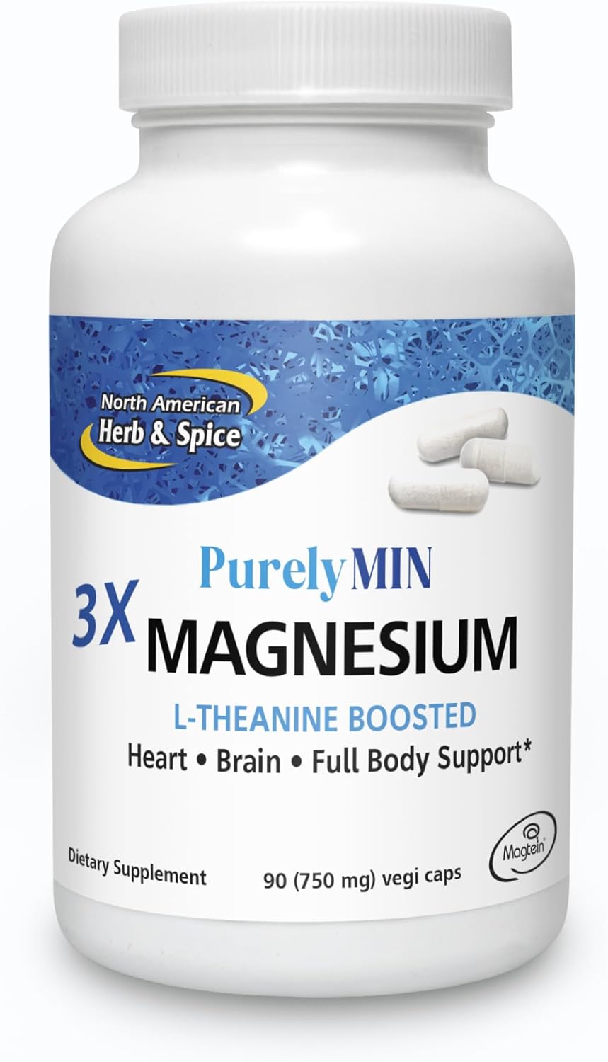 NORTH AMERICAN HERB & SPICE PurelyMin - 90 Vegi Caps - Highly Absorbable Magnesium Complex + L-Theanine - 30 Servings