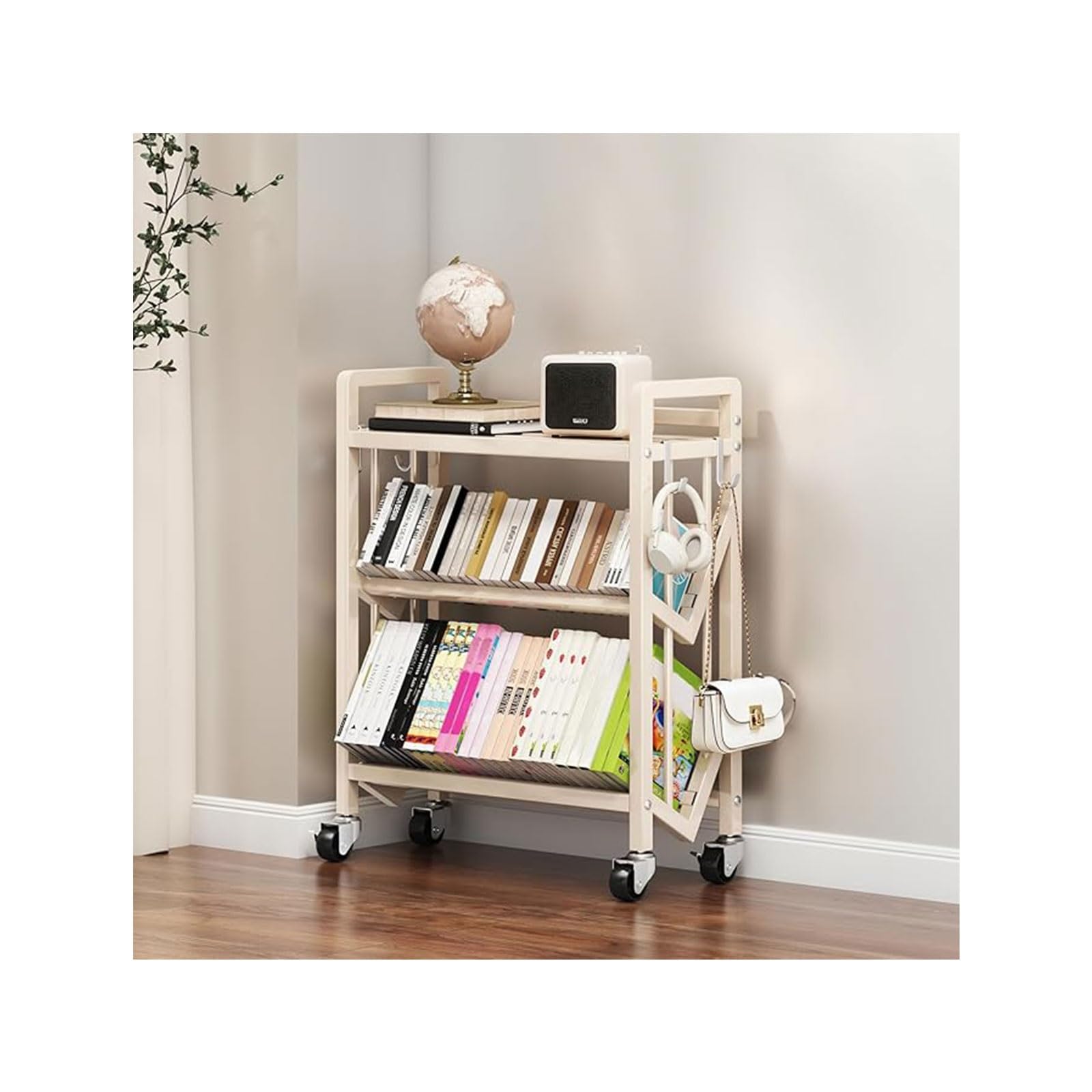 Book Carts with Wheels, Library Rolling Book Cart 2/3/4/5 Tier Movable Bookshelf Mobile Large Capacity L-Shaped Carbon Steel Organizer Rack for Office, Home, Classroom(White,3 Tiers-27.6x9.8x32.1in)