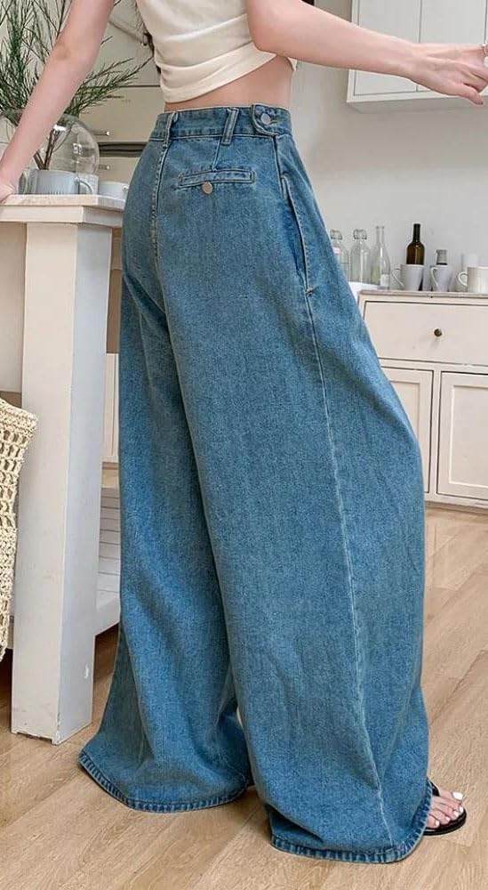 Women’s High Waist Wide Leg Jeans American Style Loose Floor-Length Hanging Denim Pants Casual Long Trousers