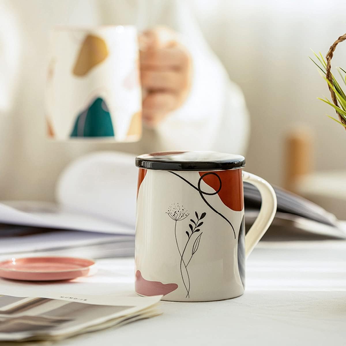 Tazas de café de cerámica, taza de cerámica, taza de café, taza for parejas con asa y tapa, gran regalo for amigos, familiares, amantes, se puede utilizar en casa, oficina, cafetería, 14,1 oz, 1 pieza