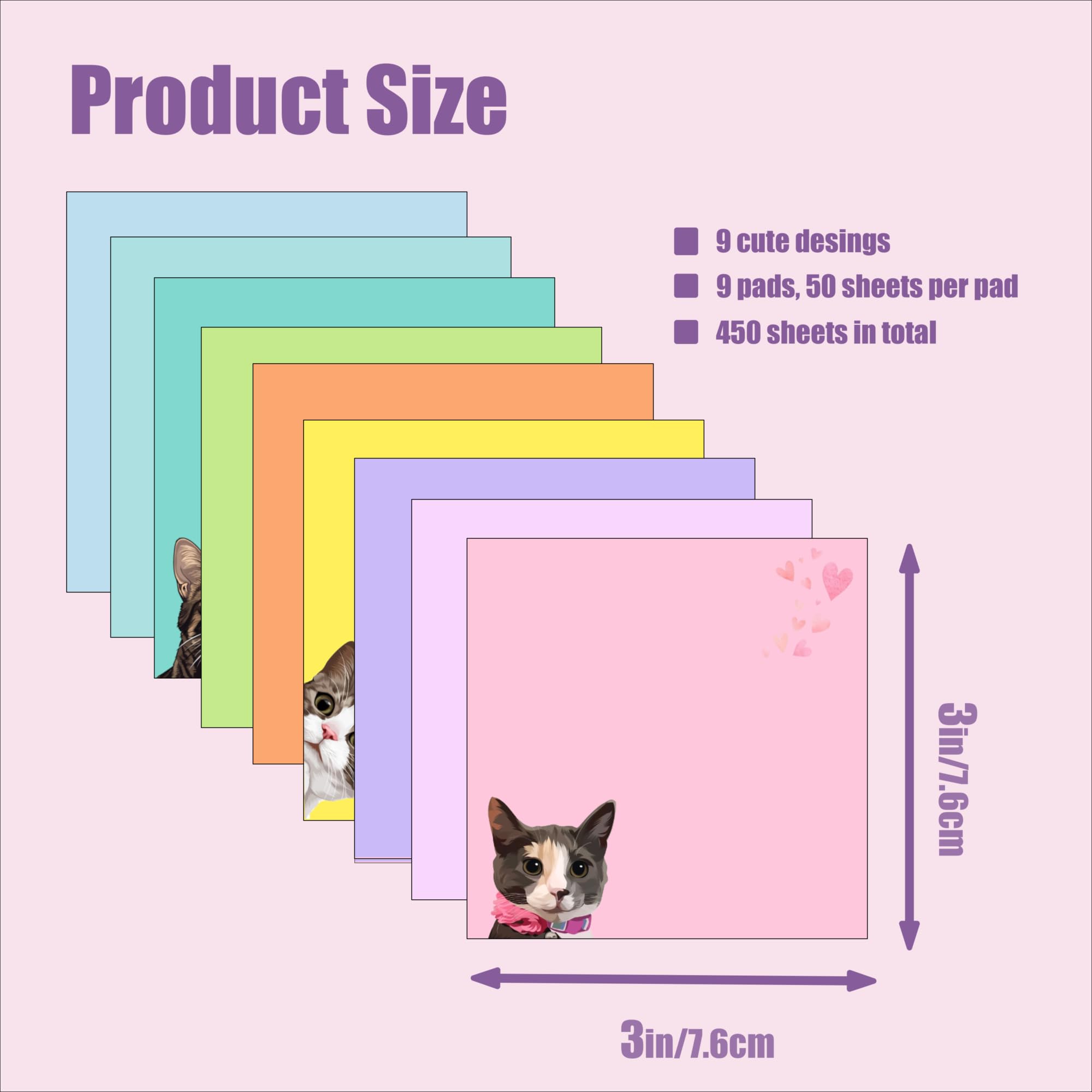 Set 9 Blocchi Adesivi Con Disegni Di Gatti – Formato 7,6x7,6 Cm, 50 Fogli Ciascuno, Per Ufficio E Scuola