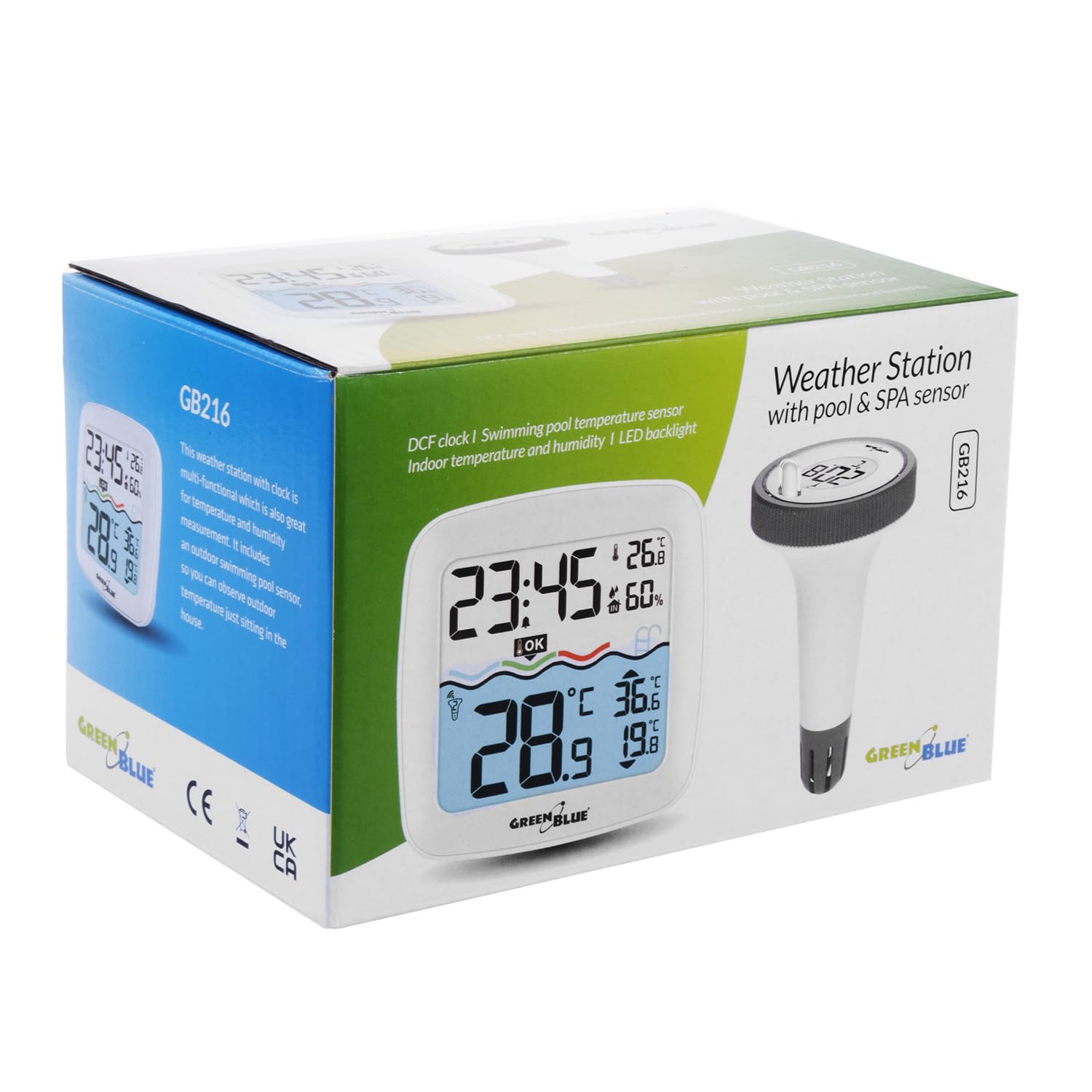 GreenBlue GB216 Stacja Pogodowa z Termomometrem Basenowym Zasięg 60m Czujnik Pływający Temperatura Godzina Kalendarz DCF