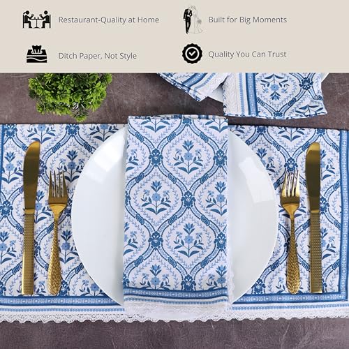 Image of FINGERCRAFT Table Napkins Set of 12 Cotton Linen Fabric with Classic Lace 20x20 Inch (50cmx50cm) Dinner Napkin Durable and Good Absorbency for Home, Hotels, Parties (Blue Damask)