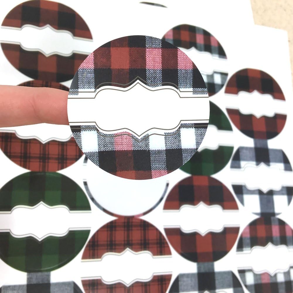 54 Buffalo Red Black Country Plaid Christmas Plastic Stickers Round Labels for Freezer or DIY Aromatherapy Bottle or Canning Jar by Rivertree Life