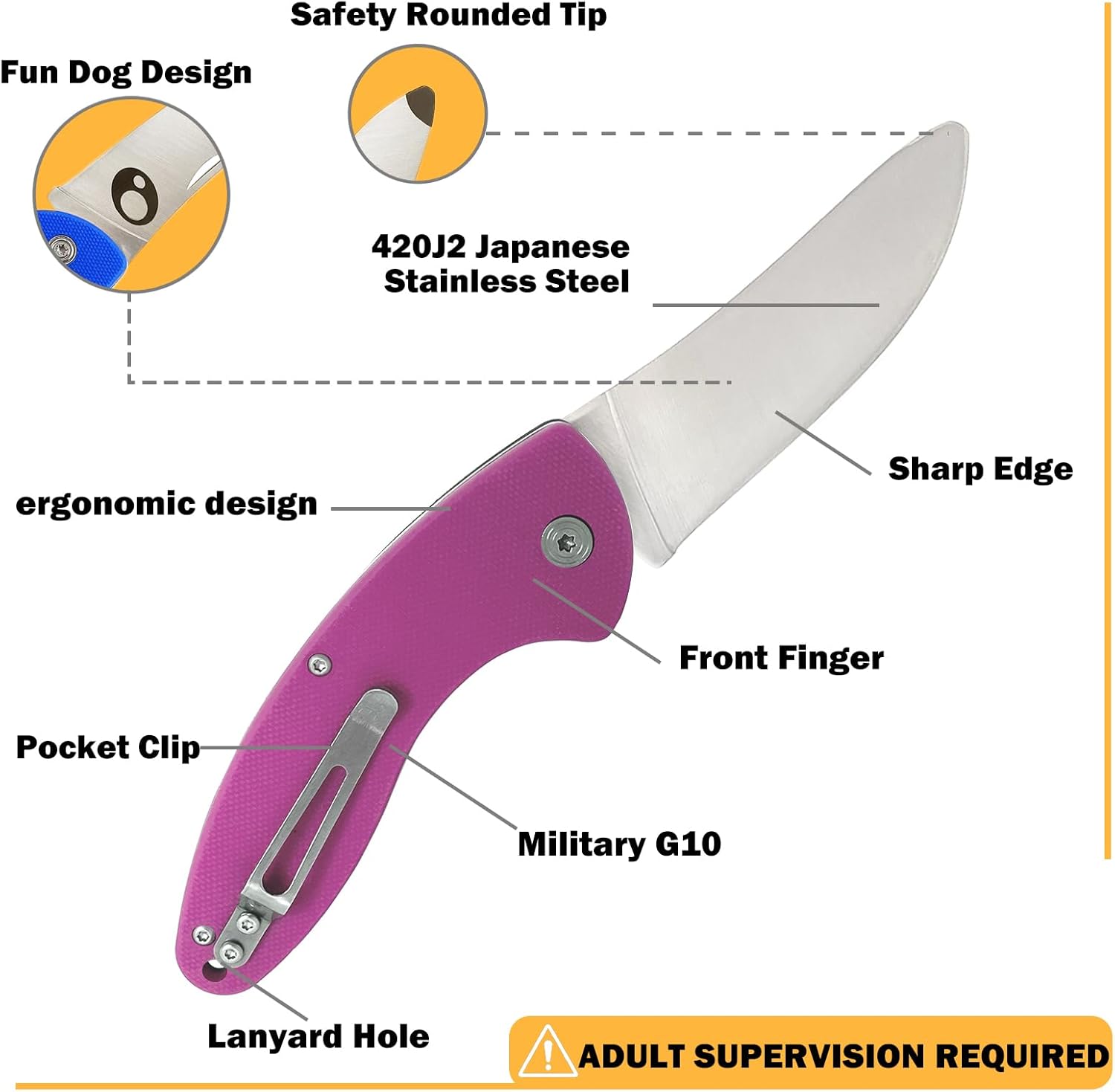 Kids Pocket Knife with Clip & Safe Rounded Tip for Boy First Knife, Toddler Starter folding Knives with Japanese 420J2 Stainless Steel Sharpened Blade & Durable G10 Handle (Pink)