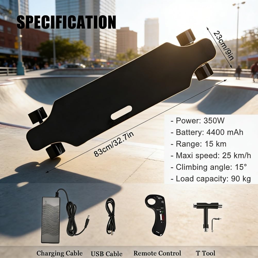 Longboard Elettrico con Telecomando e Display Intelligenti, Velocità Massima 25km/h e Autonomia 15km, Regolazione 4 Velocità per Adulti, Tavola in Stile Skate Elettrico che Supporta(8Km,Standard)