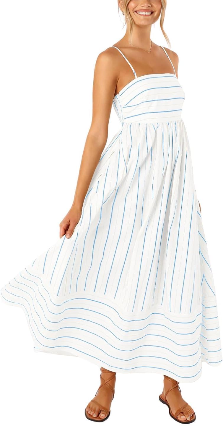 utcoco Womens Summer Striped Back Smocked Maxi Sundresses Spaghetti Strap Cut Out Flowy Swing A Line Long Dress
