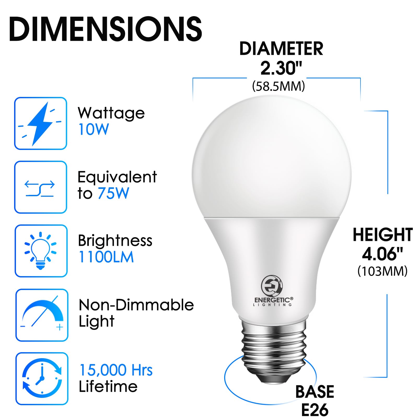 Energetic Light Bulbs 75 Watt, 1200LM Super Brightness, lumière du jour 5000K, culot standard E26, ampoule LED A19 non dimmable, ampoule LED A19, liste UL, 12 pièces