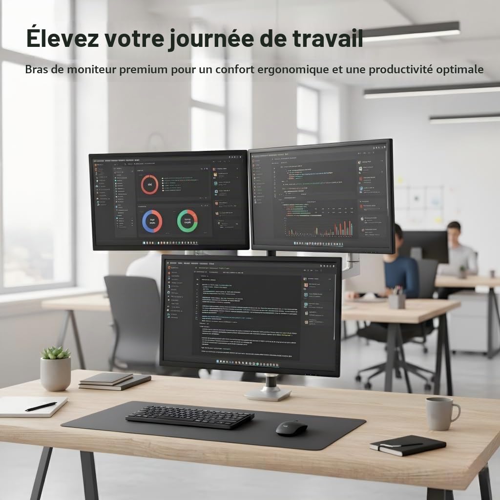 Ergounion Support Triple Ecran – Support Ecran PC 3 Ecran pour Moniteur de 13-40 Pouces jusqu'à 11,3 kg, Bras Ecran PC - Aluminium, Argenté