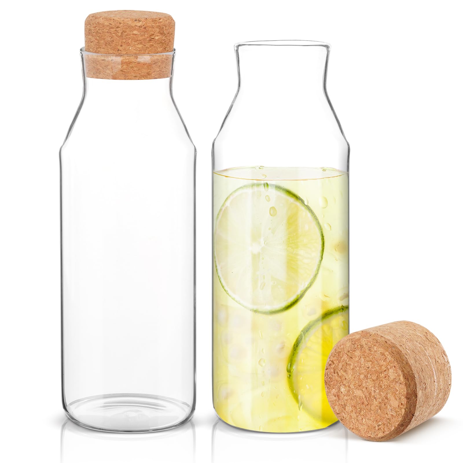 Yitriden 2 Pack Glass Carafe Bottles, 1 Litre Clear Iced Water Pitcher Bottles with Cork Stopper Lid, Glass Fridge Carafe Jars for Hot & Cold Beverages, Juice, Milk, Coffee, Water, Wine
