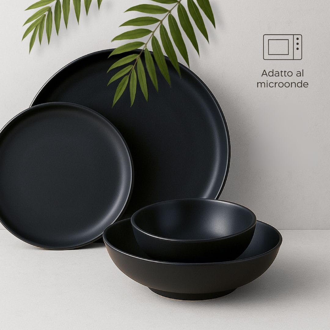 Twinzee Piatti Moderni - Servizio piatti 6 persone, 24 Pezzi - Set Piatti neri Adatti a Microonde - Collezione Ebony