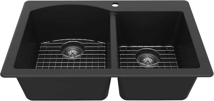 Karran 33 Top Mount Quartz Composite 60/40 Double Bowl Kitchen Sink Kit (Black)