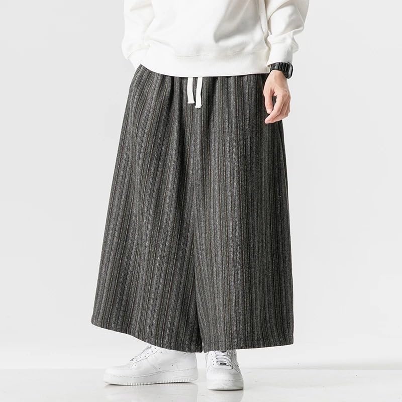 Japanese Autumn Winter Pants for Mens Warm Thicken Woolen Striped Casual Wide Leg Pants3