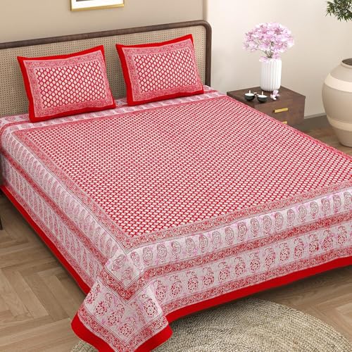 Image of Opulent Collection Double Bedsheet with 2 Pillow Cover | 100% Cotton Bedsheets for Double Bed | Handloom Bedsheet | Size 86x90 inches | King Size (90X102 Inches) (Red, King)