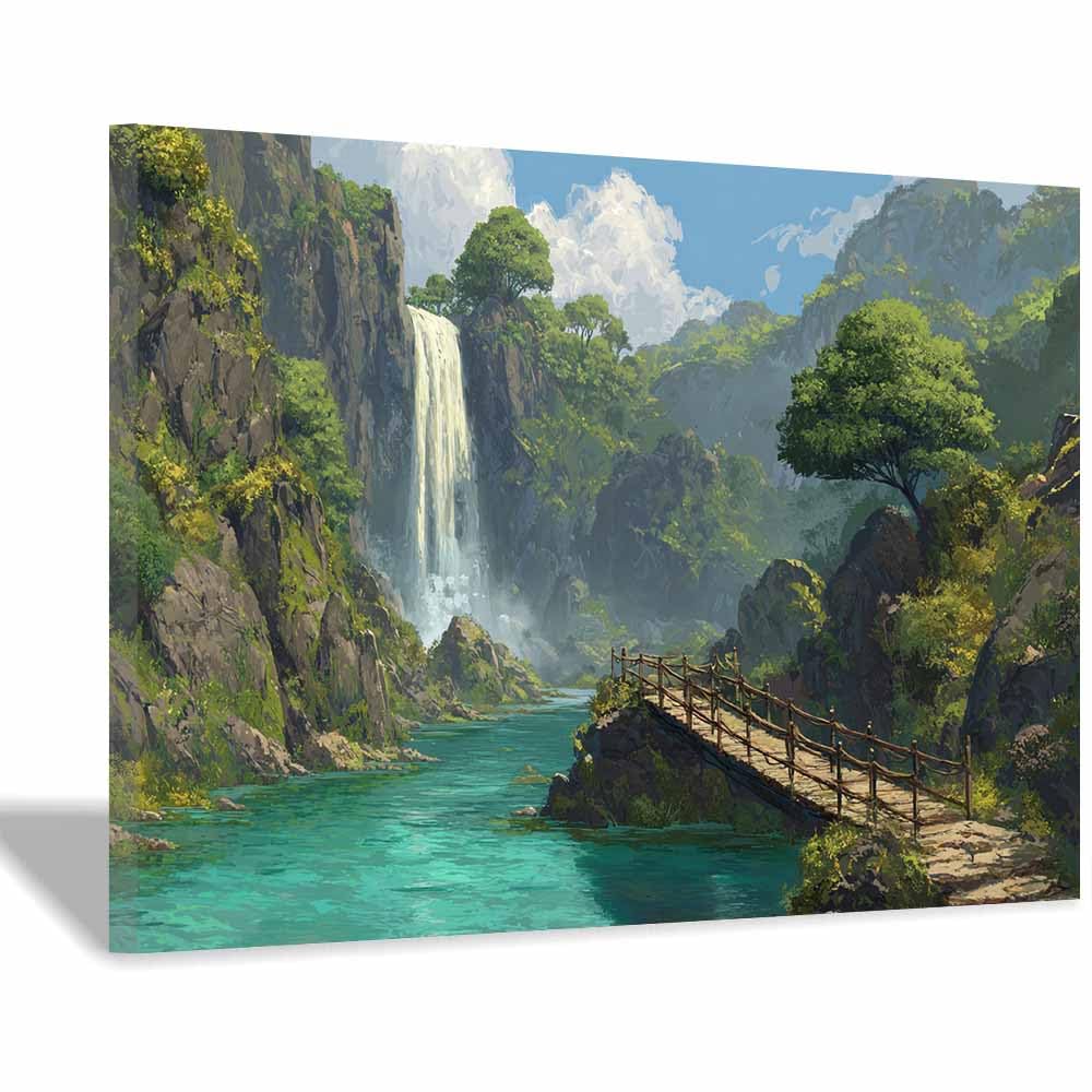 HOQIU Landscape wall art Lushs Jungle Waterfall canvas art, art print, house decor, bedroom wall decor above bed, prints for living room.(Multicolor)-40x60cm Framed