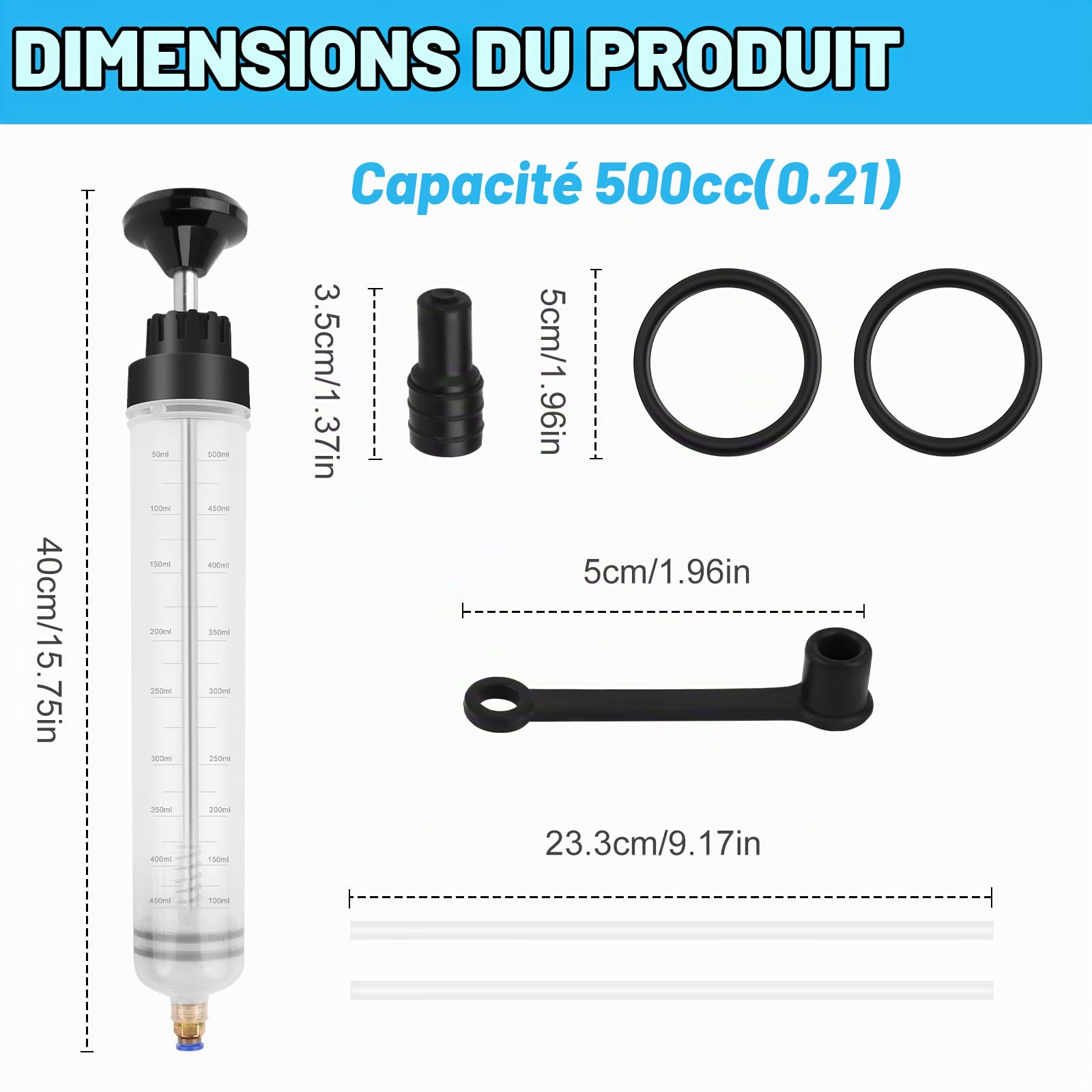 RISVOWO Seringue a Huile 500CC, Seringue d'aspiration d'huile, Huile Aspiration Seringue-Pompe de Transfert avec 2 Tube Extension pour le Liquide de Frein, les Huiles de Transmission, le Liquide de Re