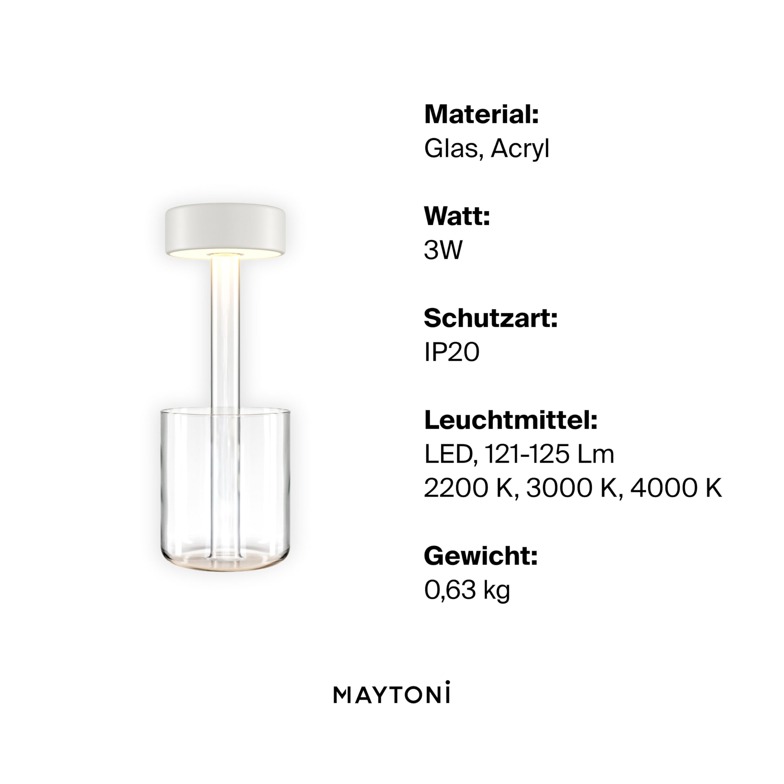 Maytoni Akku-Tischleuchte Symbia Glas Weiß, LED 3W dimmbar, 3 Farbtemperaturen 2200K 3000K 4000K, kabellos, IP20, Tischlampe Restaurant Terrasse, 2 in 1 Vase und Lampe, Touch Bedienung